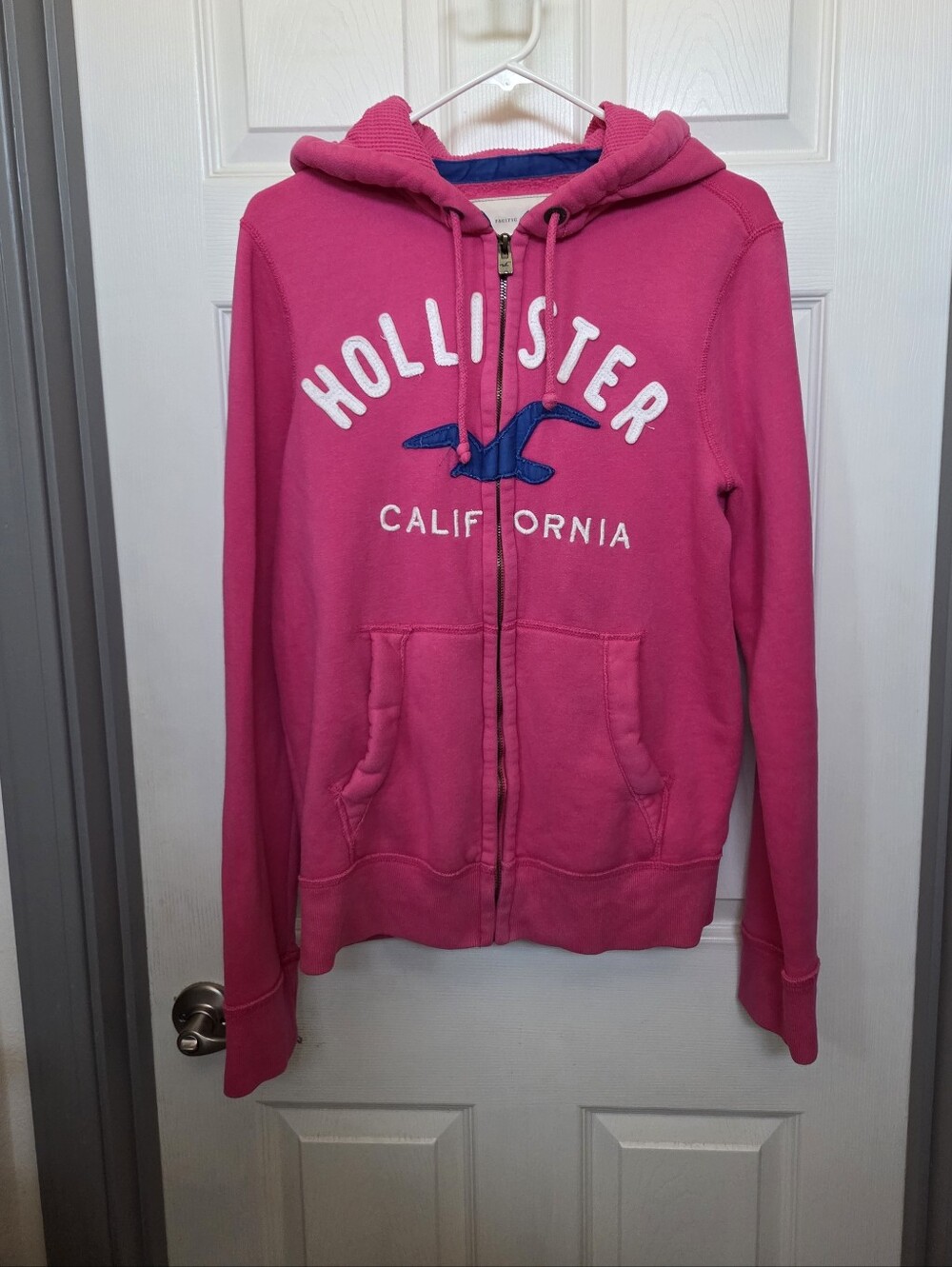 Hollister California Y2K Pink Zip-Up Hoodie with Blue Logo Surfer Girly Retro M